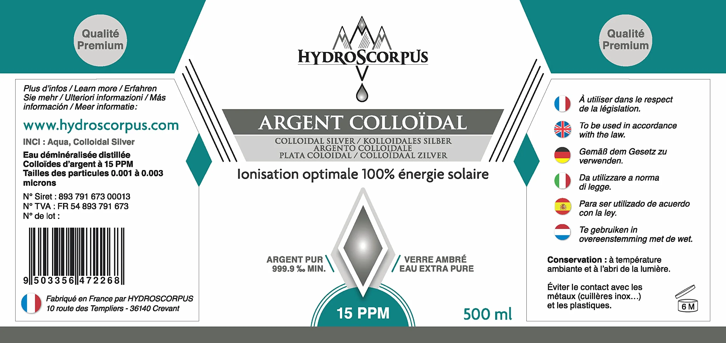Argent Colloïdal 15 PPM et 5 PPM BOUTEILLES VERRE ●Fabriqué en France●100% Naturel Oligo élément Bio Disponible●Ionisation 100% solaire●Emballages 100% compostables …
