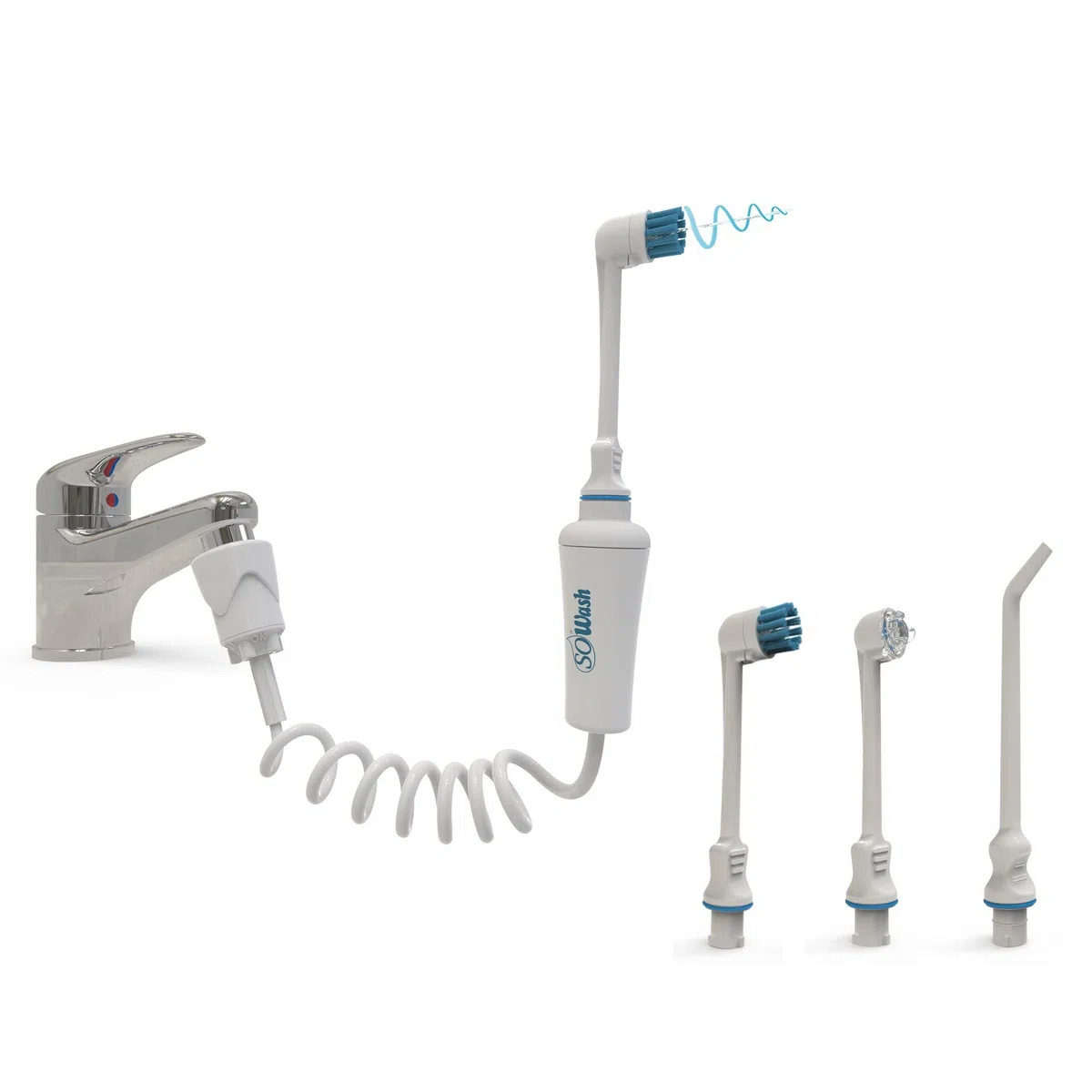 Jet dentaire SOWASH TRIO, Se connecte au robinet, Hydropulseur Dentaire Sans piles ni électricité, 1 tête Vortice + 1 tête de Vortice Brush + 1 tête Hydrojet, Produit italien