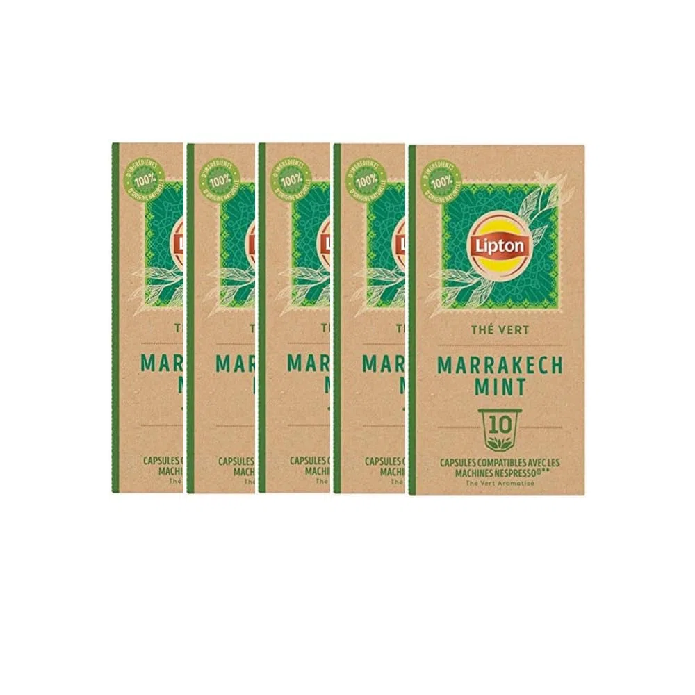 Lipton Thé Vert Marrakech Mint, 50 Capsules Compatibles Nespresso, Antioxydant et Parfumé, Menthe Fraîche et Délicate, Label Rainforest Alliance, 5x10 Capsules