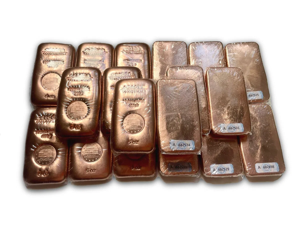 Lingot "cast" en cuivre de 5 onces (environ 155 grammes) Pureté 999.9. Fabriqué en Allemagne