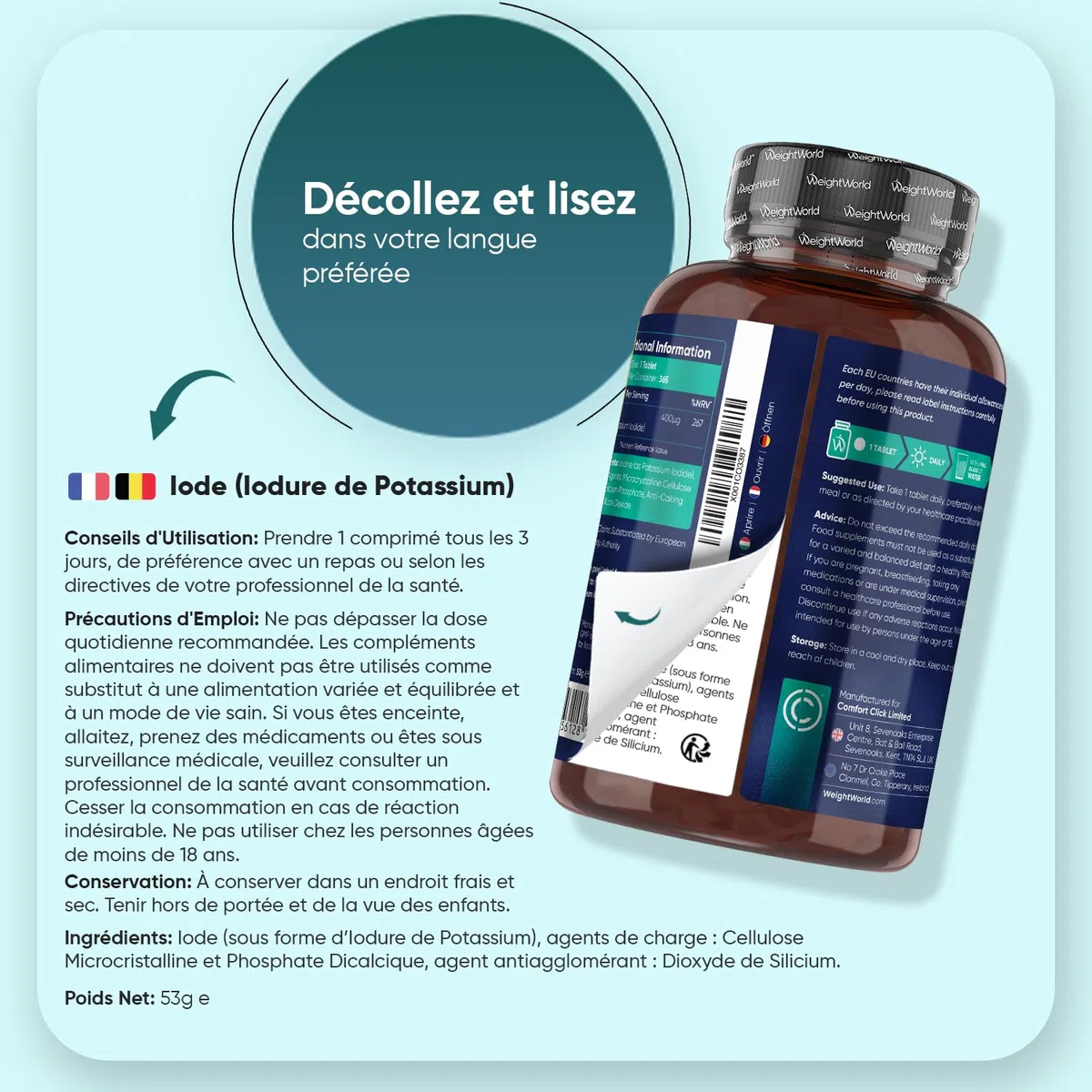 Iode 400μg - 365 Micro Comprimés Vegan - 1 Comprimé tous les 3 Jours - Iodure de Potassium Stable sans OGM ni Stéarate de Magnésium - Apport Standardisé d'Iode