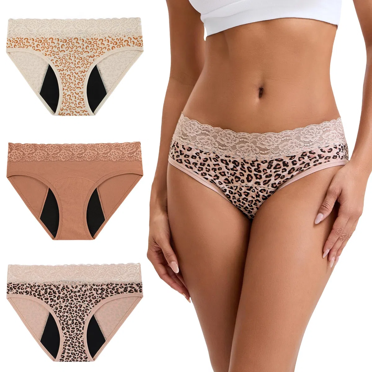 INNERSY Culotte Menstruelle Coton Dentelle Flux Léger Slip de Règle Lavable Taille Midi Lot de 3