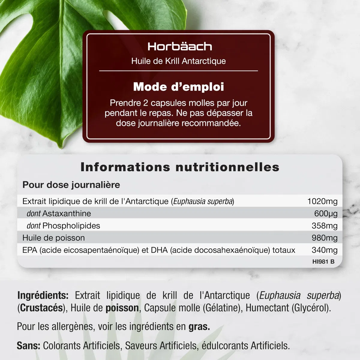 Huile de Krill 2000mg avec Astaxanthine et Phospholipides | 120 Gélules | Acides Gras Oméga 3 avec EPA et DHA | Complément Alimentaire Huile de Poisson | Antarctic Krill Oil Supplement | Horbaach