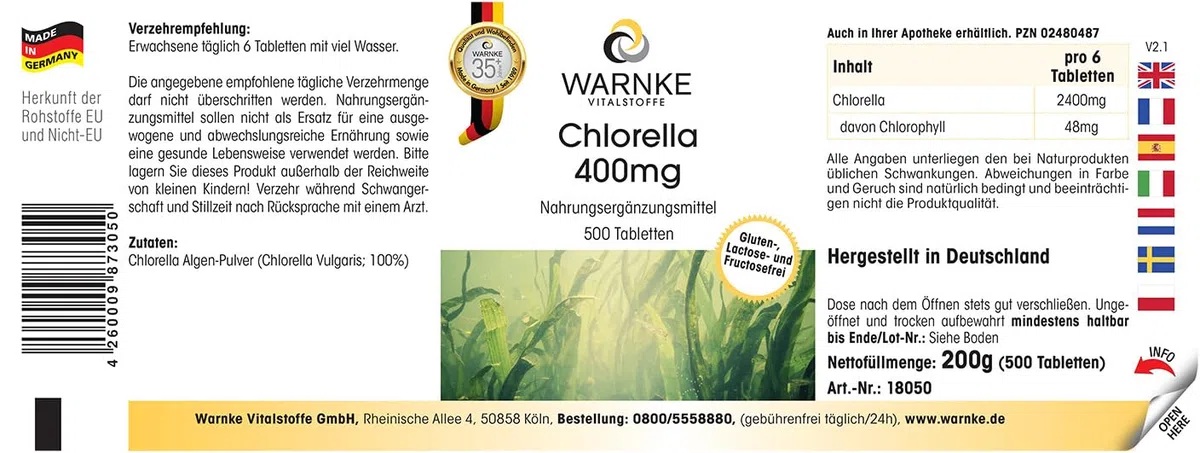 Chlorella 400 mg - 500 comprimés - faciles à avaler - poudre d'algue Chlorella vulgaris - avec chlorophylle - végétalien - grand format | Warnke Vitalstoffe - Qualité pharmaceutique allemande