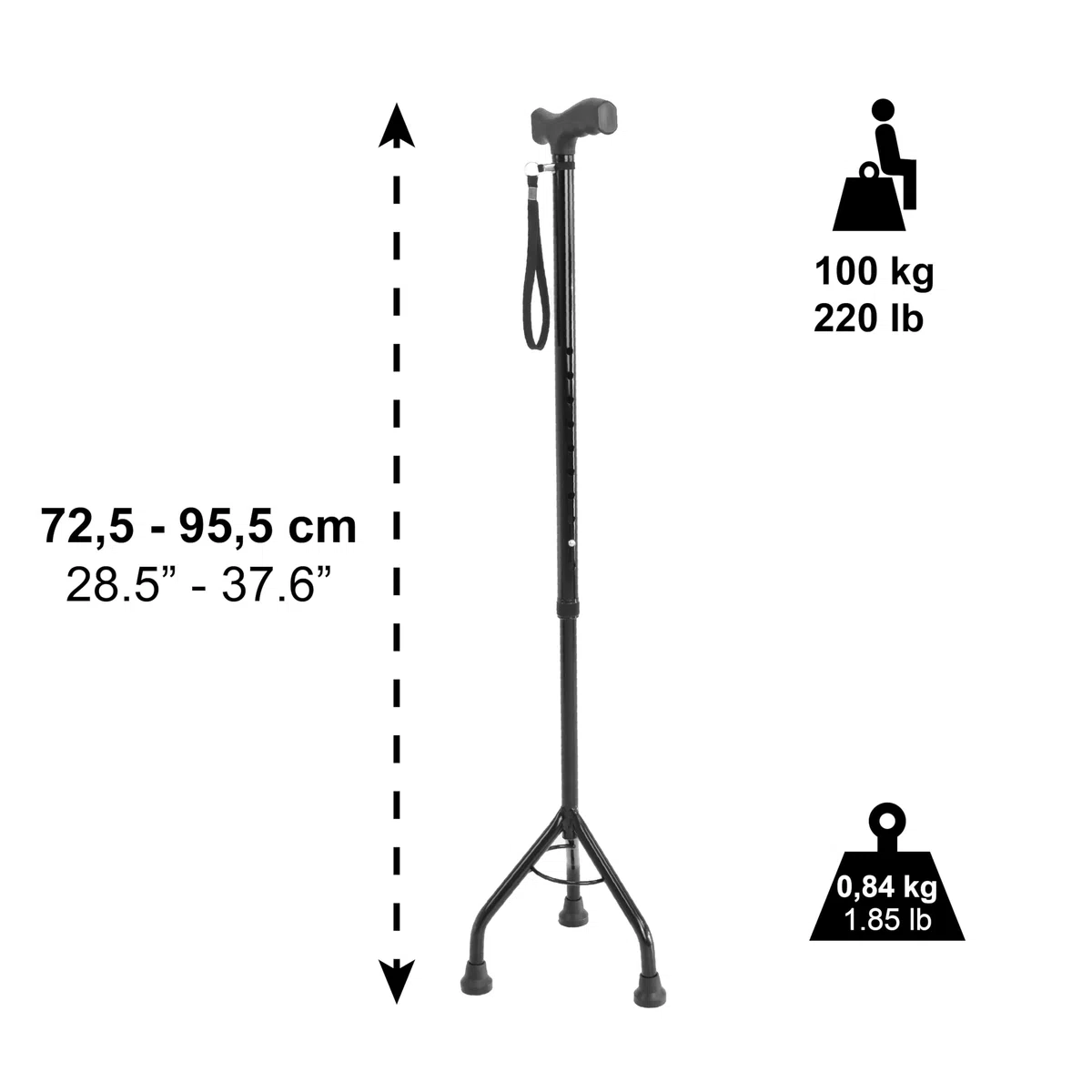 PEPE Mobility Canne Tripode de Marche Réglable (72,5–95,5 cm), Canne 3 Pieds en Acier et Aluminium, 3 Embouts Antidérapants, Jusqu’à 100 kg, Noir