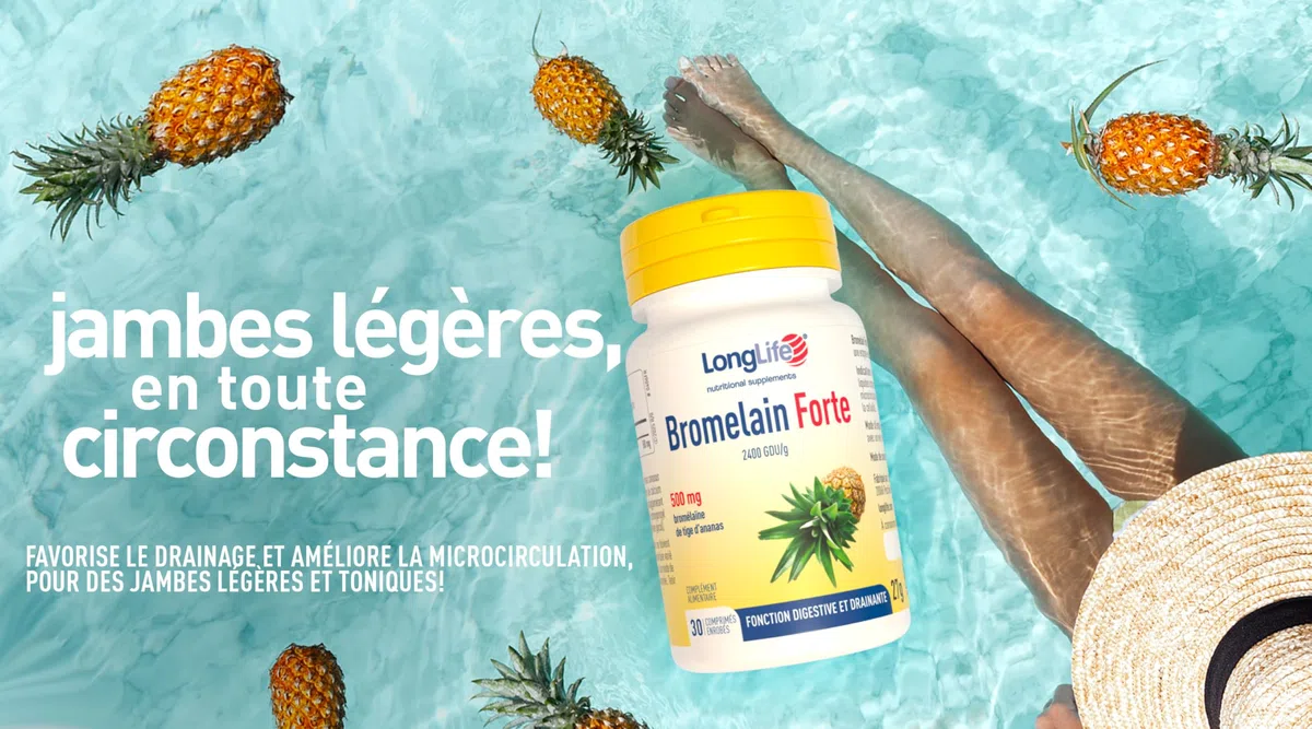 LongLife® Bromelain Forte | Haute concentration 2400 GDU/g | Bromélaïne issue de la tige d’ananas | Drainage jambes et digestion | Haute teneur en enzymes | 30 comprimés enrobés | Sans gluten et végan