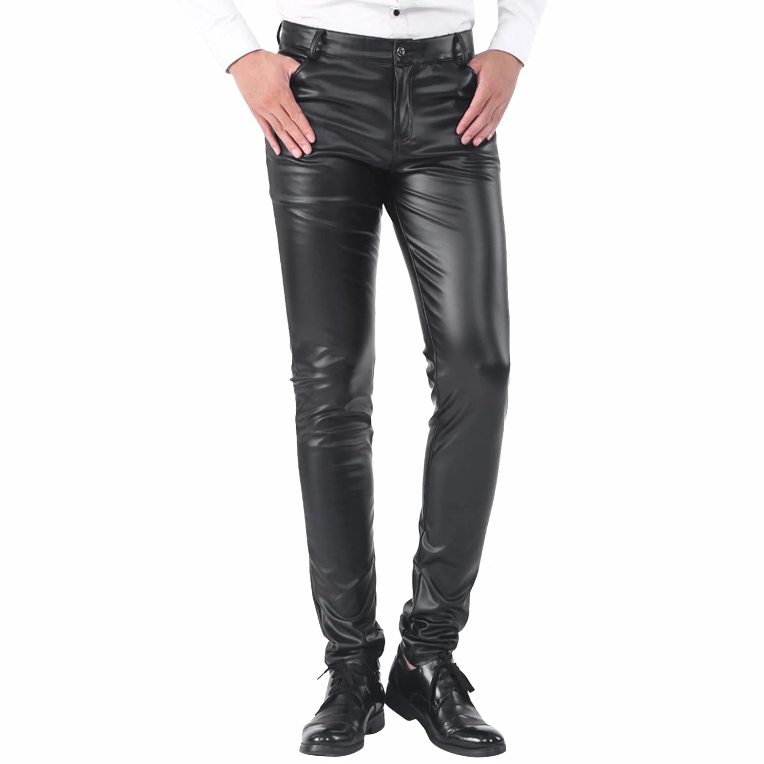 Pantalon en cuir pour homme - Noir - Sexy - En latex - Pour homme - Style punk stretch - Décontracté - Effet mouillé - Coupe ajustée - Pour les loisirs