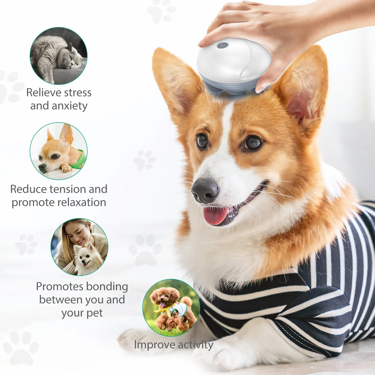 ORIA Masseur Électrique pour Tête et Cuir Chevelu, 3 Modes de Pétrissage, IPX6 Imperméable, Sans Fil avec 96 Contacts en Silicone, Massage Relaxant Rechargeable pour Chiens et Chats - Blanc