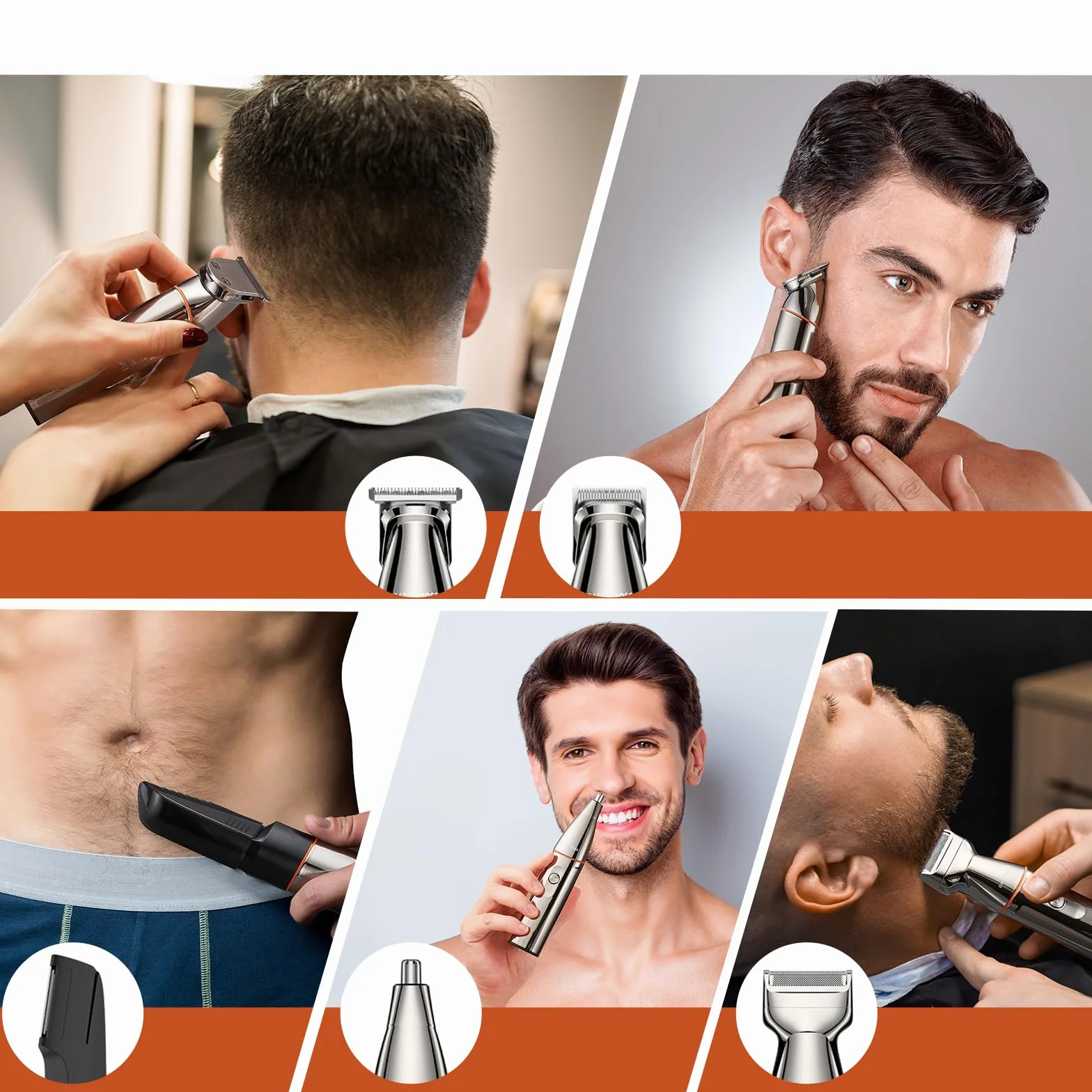 BarberBoss Kit tondeuse à barbe sans fil pour homme, rasoir 5 en 1 avec tondeuse à cheveux, tondeuse nez, recharge USB-C et lames en acier inoxydable, toiletteur corporel