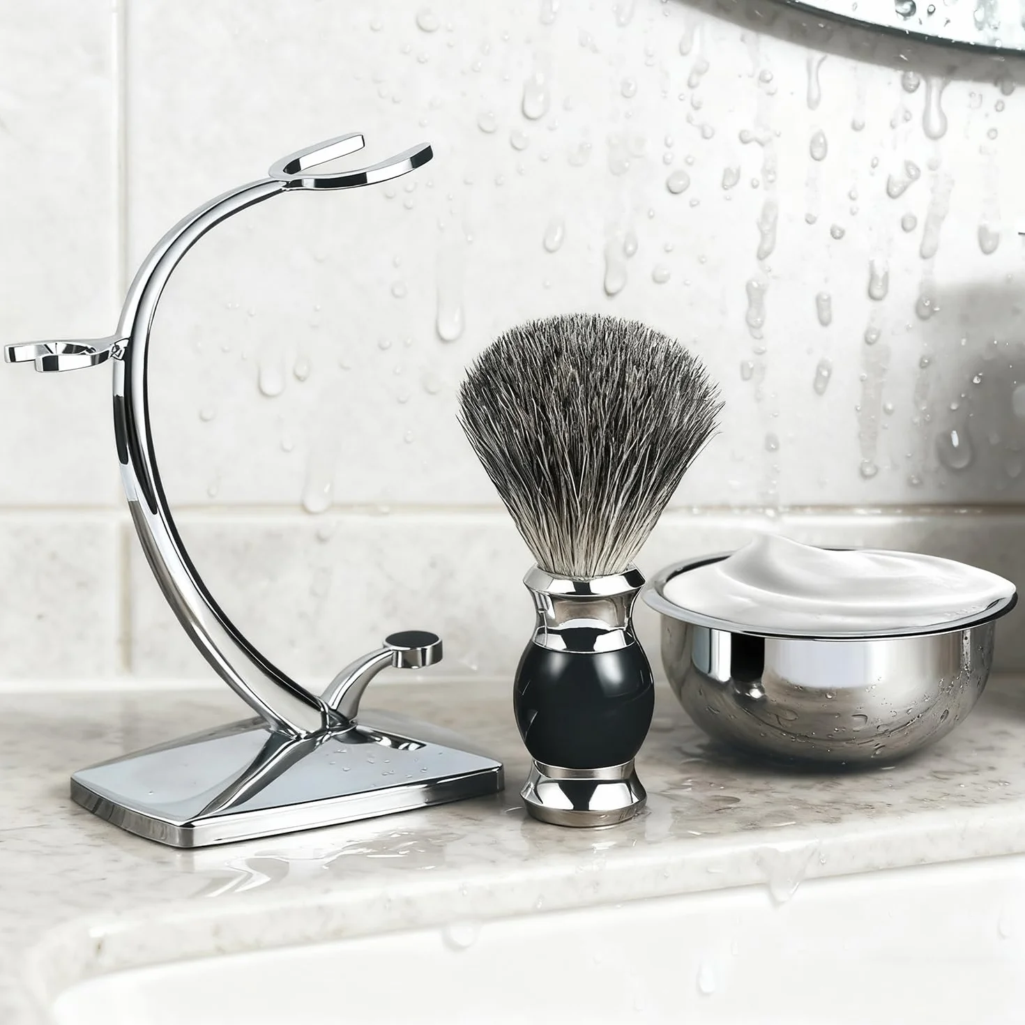 GRUTTI Kit rasage 3-en-1 homme: Bol inox magnétique + Support zinc chromé + Pinceau synthétique poil de blaireau | Hygiénique & Pratique | Ajoutez votre rasoir!