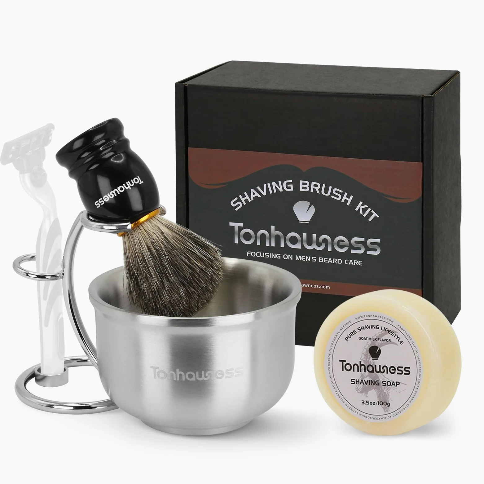 Kit de blaireaux de rasage pour hommes, ensemble de blaireau de rasage 4 en 1 comprenant un blaireau de rasage en poils de blaireau, un bol de rasage en acier inoxydable, un support de rasage et du