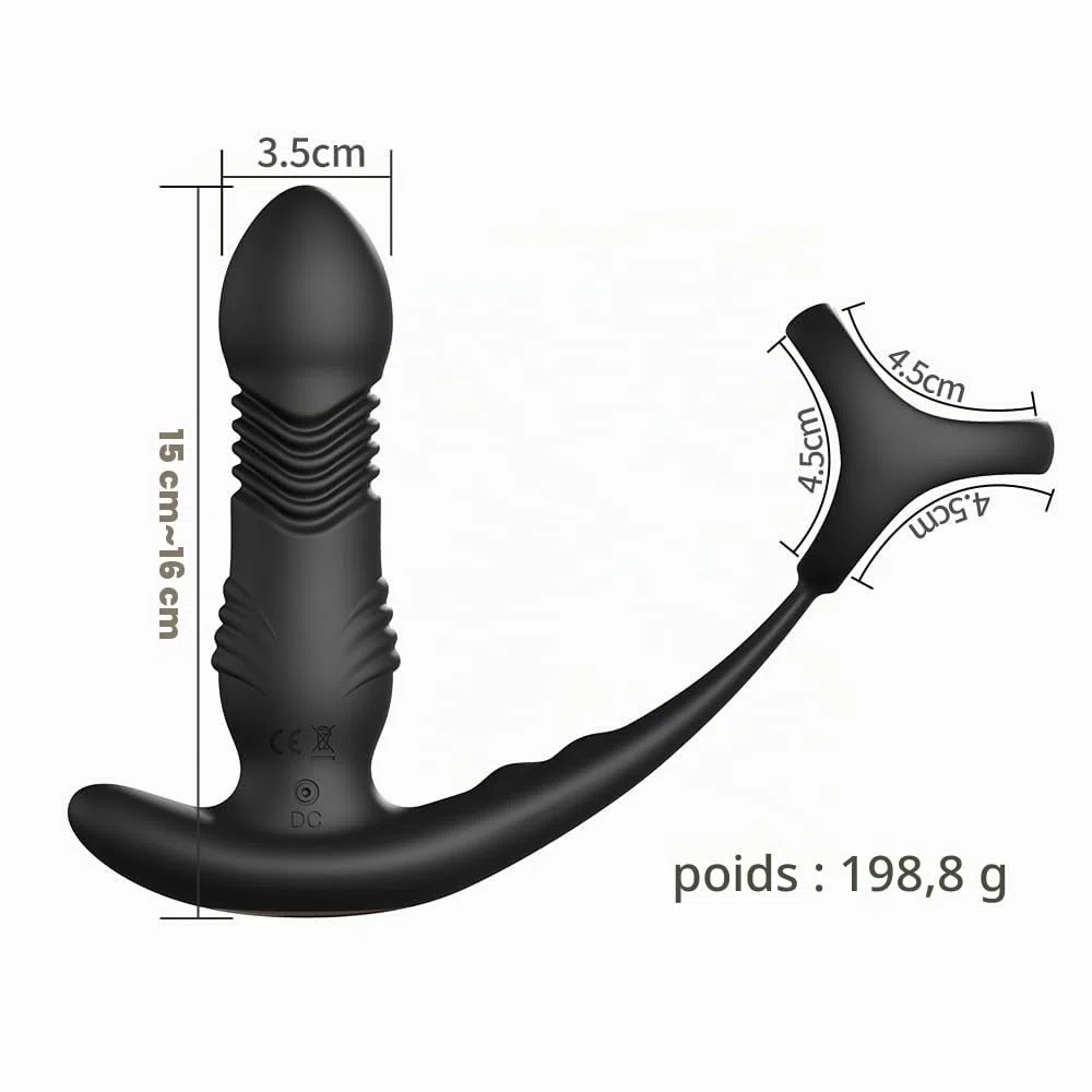 Masseur de Prostate Vibrant 3-en-1 avec Anneau Pénien - 10 Modes de Vibration & Poussée Télescopique - Plug Anal avec Télécommande - Silicone Médical & Étanche IPX7 - Noir