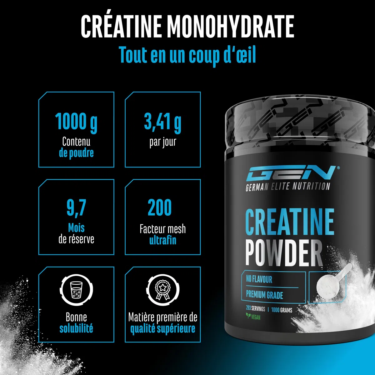 Poudre de Créatine - 1kg / 1000 g - Poudre de Monohydrate de Créatine - Solubilité Optimale & Microfine - Vegan - 293 Applications