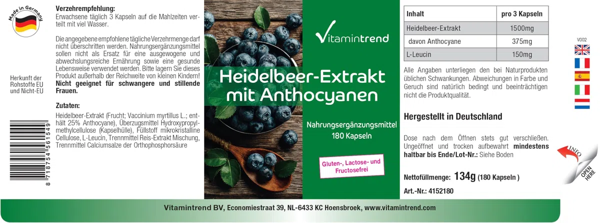 Vitamintrend Extrait de myrtille avec 25% d'anthocyanes, 180 gélules, hautement dosé, complément alimentaire végan sans stéarate de magnésium, fabriqué en Allemagne