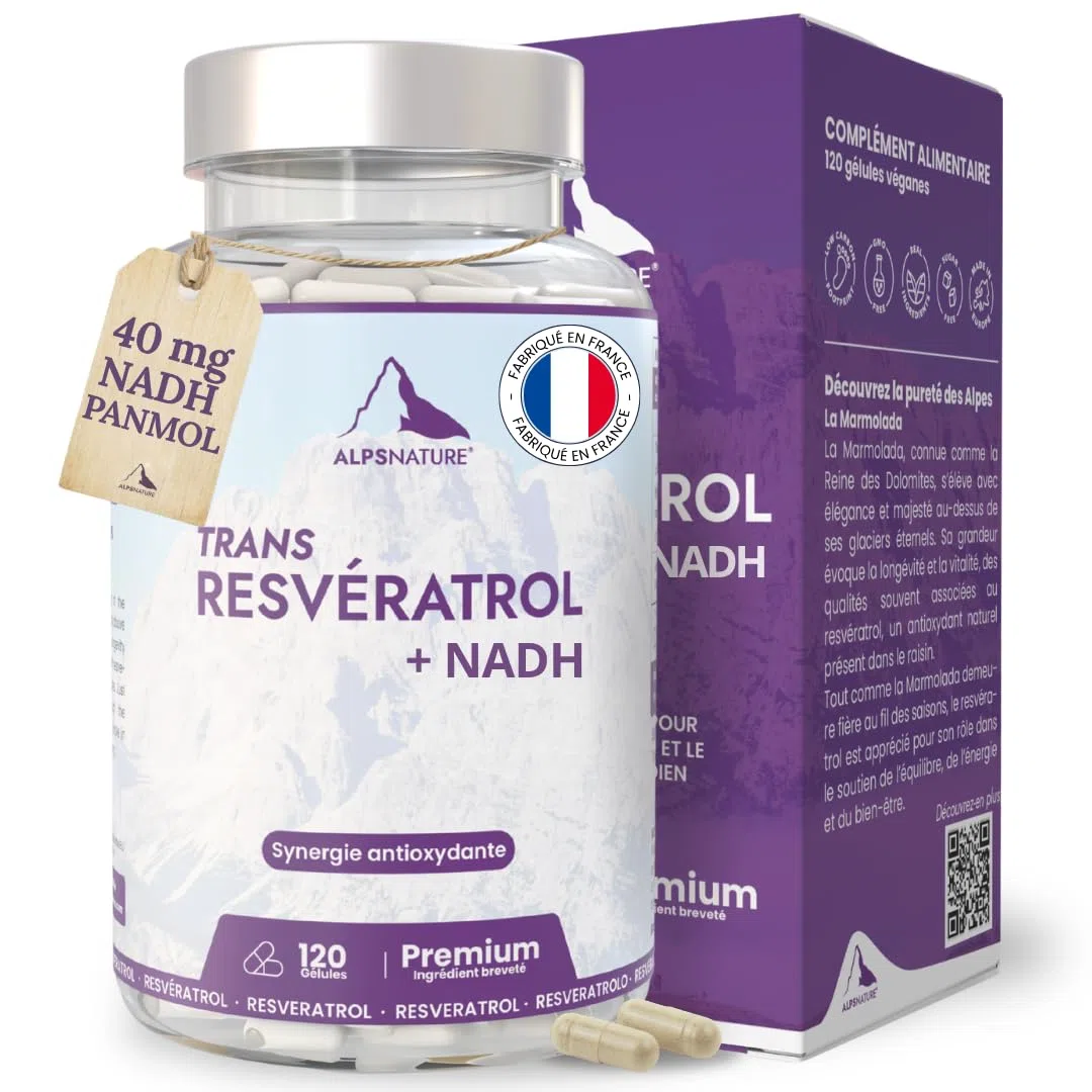 NADH 40mg Panmol Breveté + Trans-Resvératrol 98% Pur – Énergie Cellulaire & Haute Biodisponibilité – 120 Gélules Végétalien & Sans Gluten - Fabriqué en France & testé en laboratoire