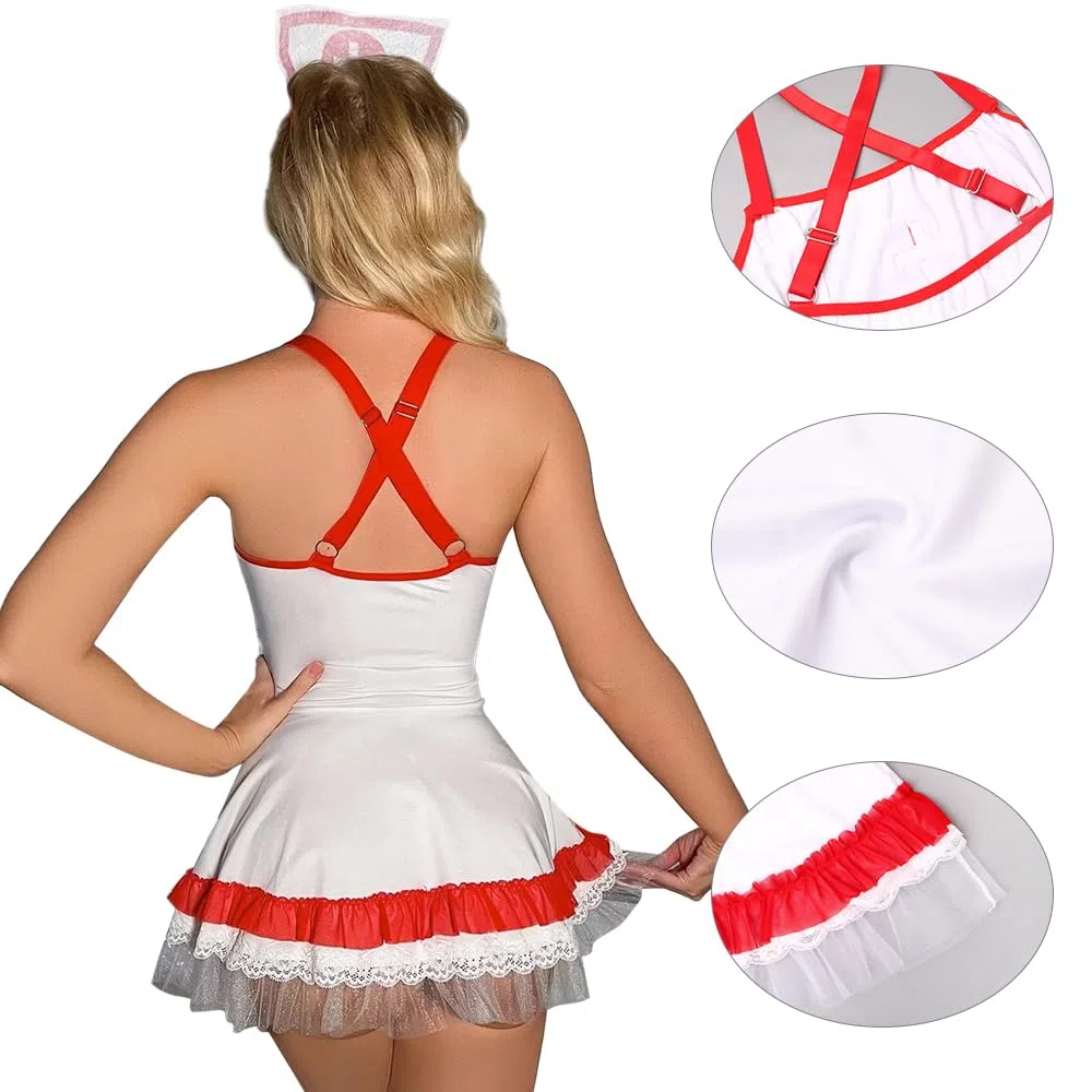 Sexy Femme Lingerie Déguisement Jupe d'infirmière à Bretelles Nurse Cosplay Nuisette Robe Coquine Infirmiere Uniforme Séduisant Babydoll Fête à Thème Halloween Costumes Taille Unique