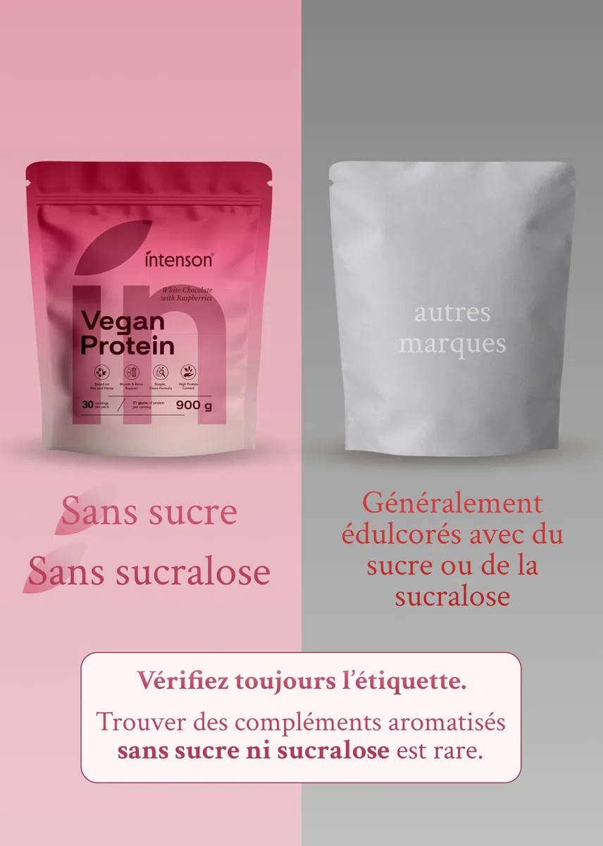 Intenson Vegan Protein Powder Chocolat Blanc Framboise, 900 g, 21 g de Protéines par Portion, 30 Portions, Mélange Pois & Chanvre, 100% Végétal, Sans Lactose, Sans Gluten, Sans Sucre, Formule Clean