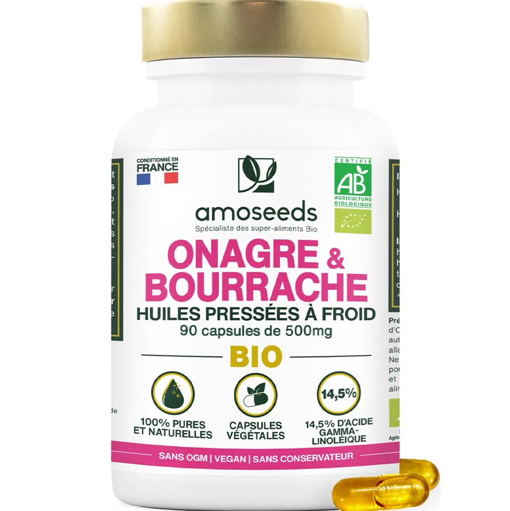 Huile d’Onagre et Bourrache BIO | Première pression à froid | 14,5% acide gamma-linoléique | 90 capsules végétales, vegan | Fabriqué en France | Qualité Supérieure