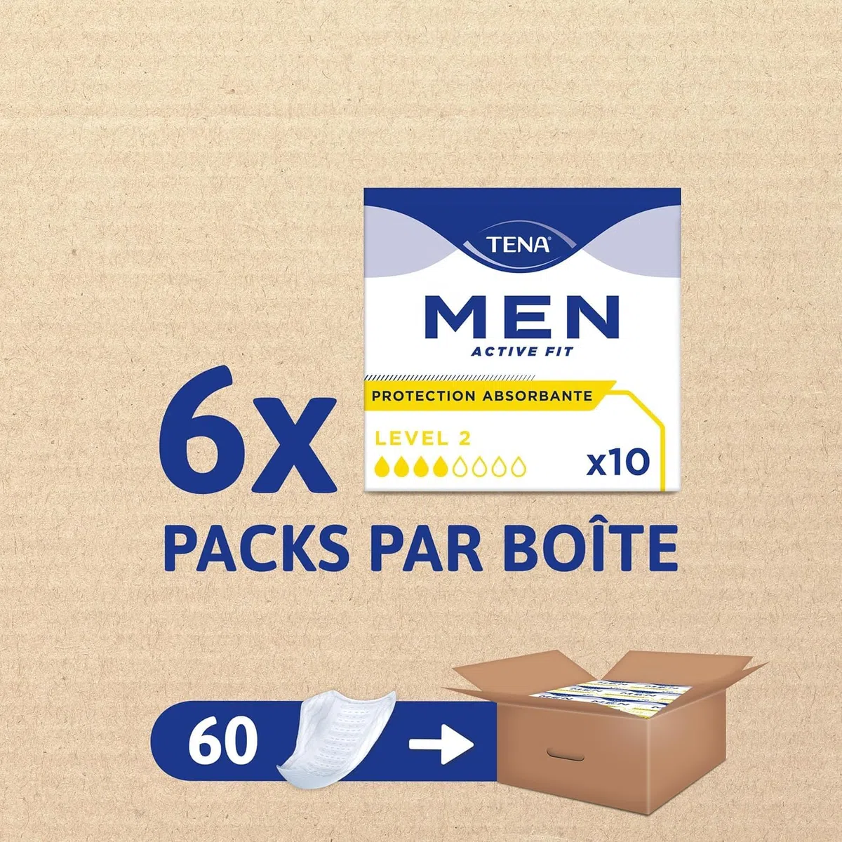 TENA Men Protections Absorbantes Niveau 2 Incontinence Homme - Pour Fuites Urinaires Modérées, Sans parfum, Blanc, 60 Protections (Pack 1 mois) (L'emballage peut varier)