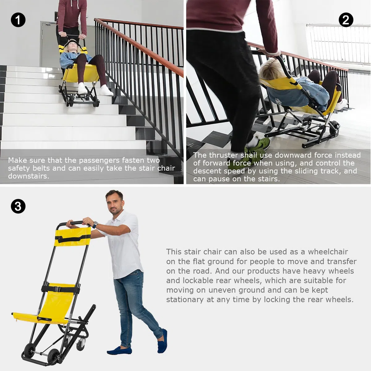 LOSCHEN Chaise d'escalier manuelle, jaune, pliable et portable pour le transfert quotidien, une personne peut soutenir une mobilité plus âgée, peut supporter une charge de 350 livres