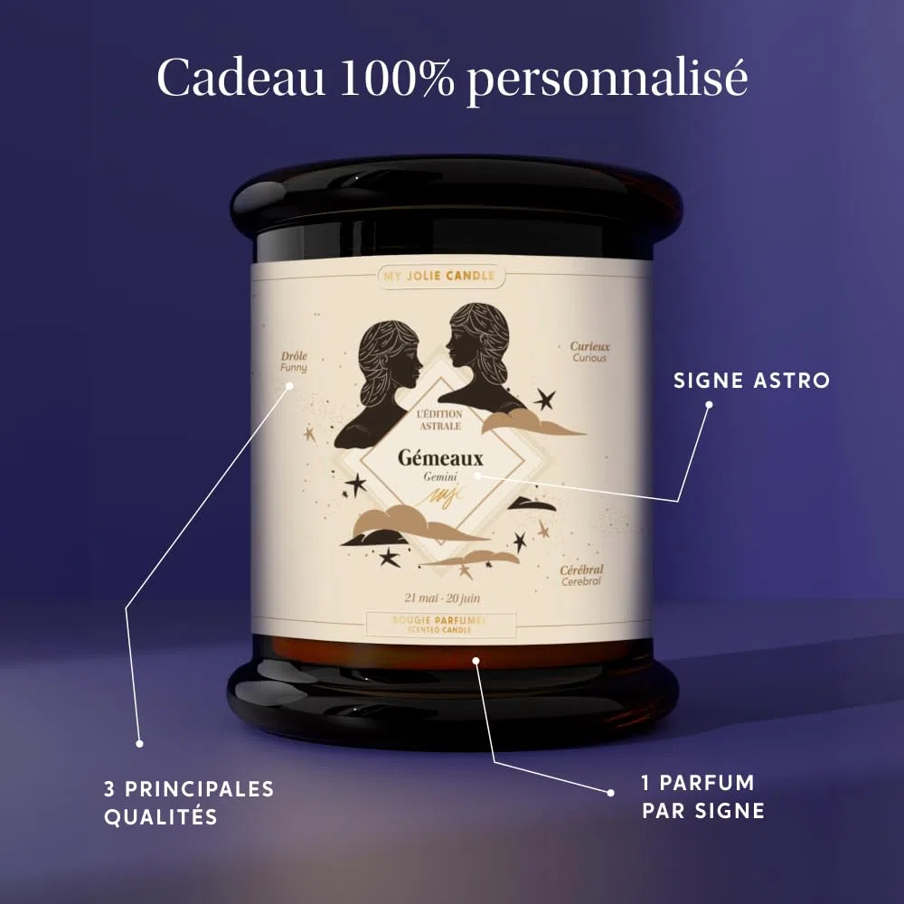MY JOLIE CANDLE - Bougie Parfumée Signe Astrologique avec Portrait Astral - Gémeaux du 21 mai au 20 juin - Cadeau de Noël et Anniversaire - Cire à base végétale