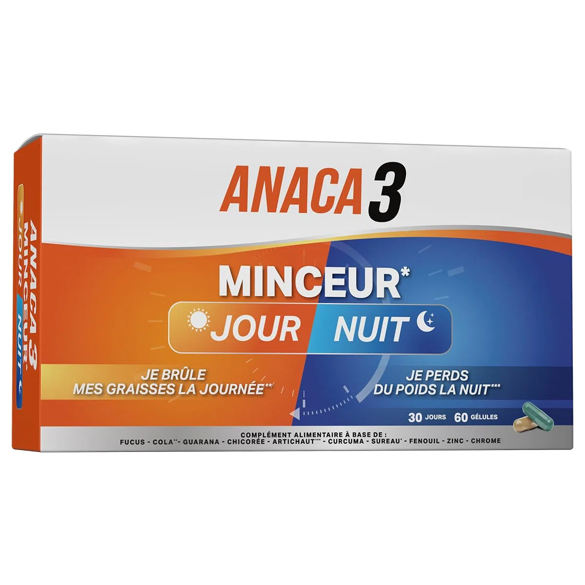 ANACA 3 - Jour/Nuit - Complément Alimentaire - Favorise Amincissement(1) & Perte de poids(3) - Artichaut, Curcumine, Cola, Fucus, Guarana, Chrome - Programme 30 Jours - Fabriqué En France - 60 Gélules