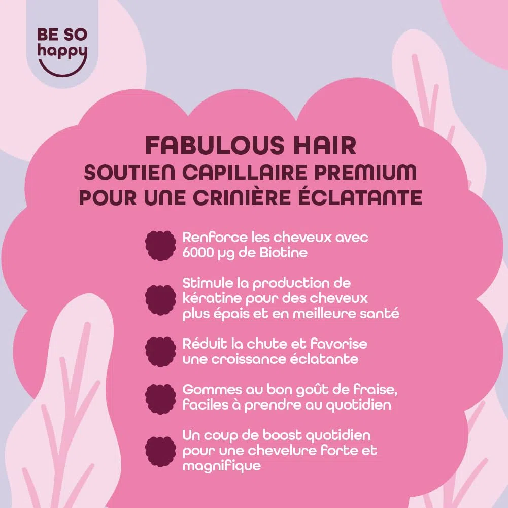 Biotine pour Cheveux | 6000 mcg | Avec Zinc, Sélénium et Vitamines A, B6, B12, C, D, E | Bonbons Goût de Fraise | Approvisionnement de 120 jours | Végétalien, sans Gluten et sans Lactose | BeSoHappy