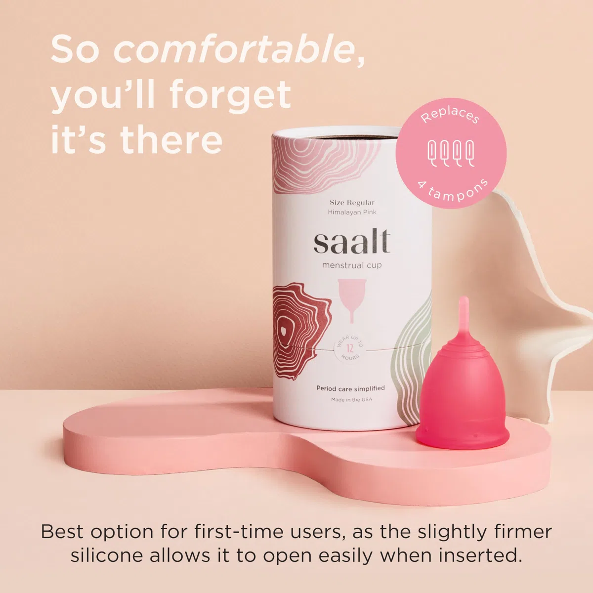 Coupe menstruelle réutilisable Saalt – Protection confortable et sans fuite jusqu'à 12 heures – Sans BPA ni latex – Comprend une coupe et un sac de transport - taille Régulier, Rose