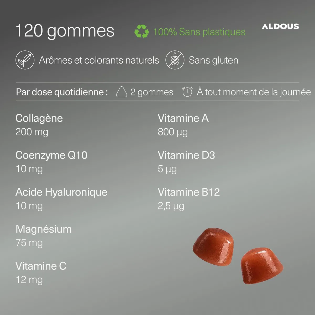 Collagène avec magnésium et acide hyaluronique - 120 gommes - Avec Q10 et Vitamines C, B12, D3, A - Collagène hydrolysé - Articulations solides, peau lisse et de l'énergie - Aldous Collagene
