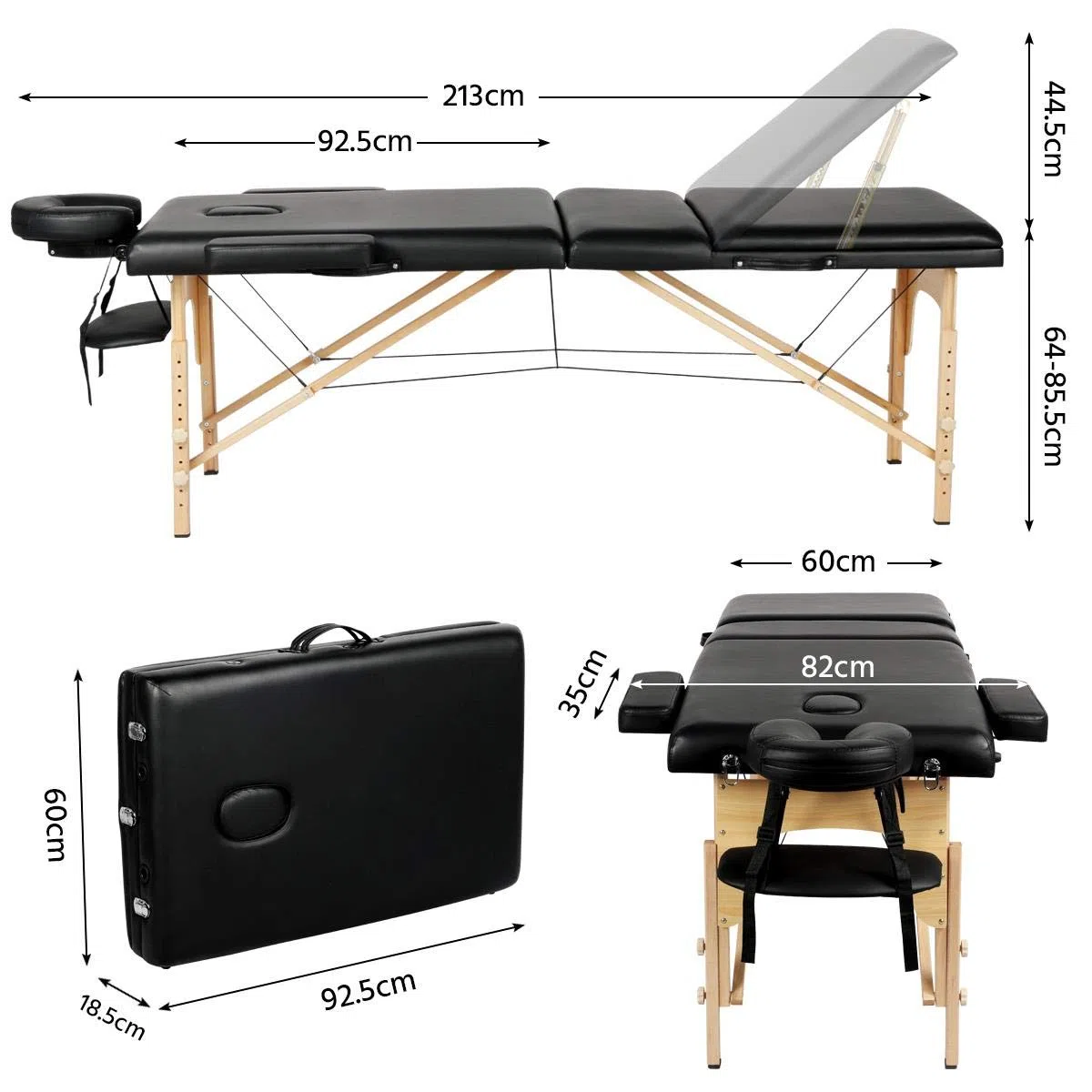 Abician Table de Massage Pliante Réglable en 8 Hauteurs Table de Massage Portable 3 Sections Pieds en Bois Massif Dossier Têtière Repose-Bras Hamac 213 x 82 x 85,5 cm Noir