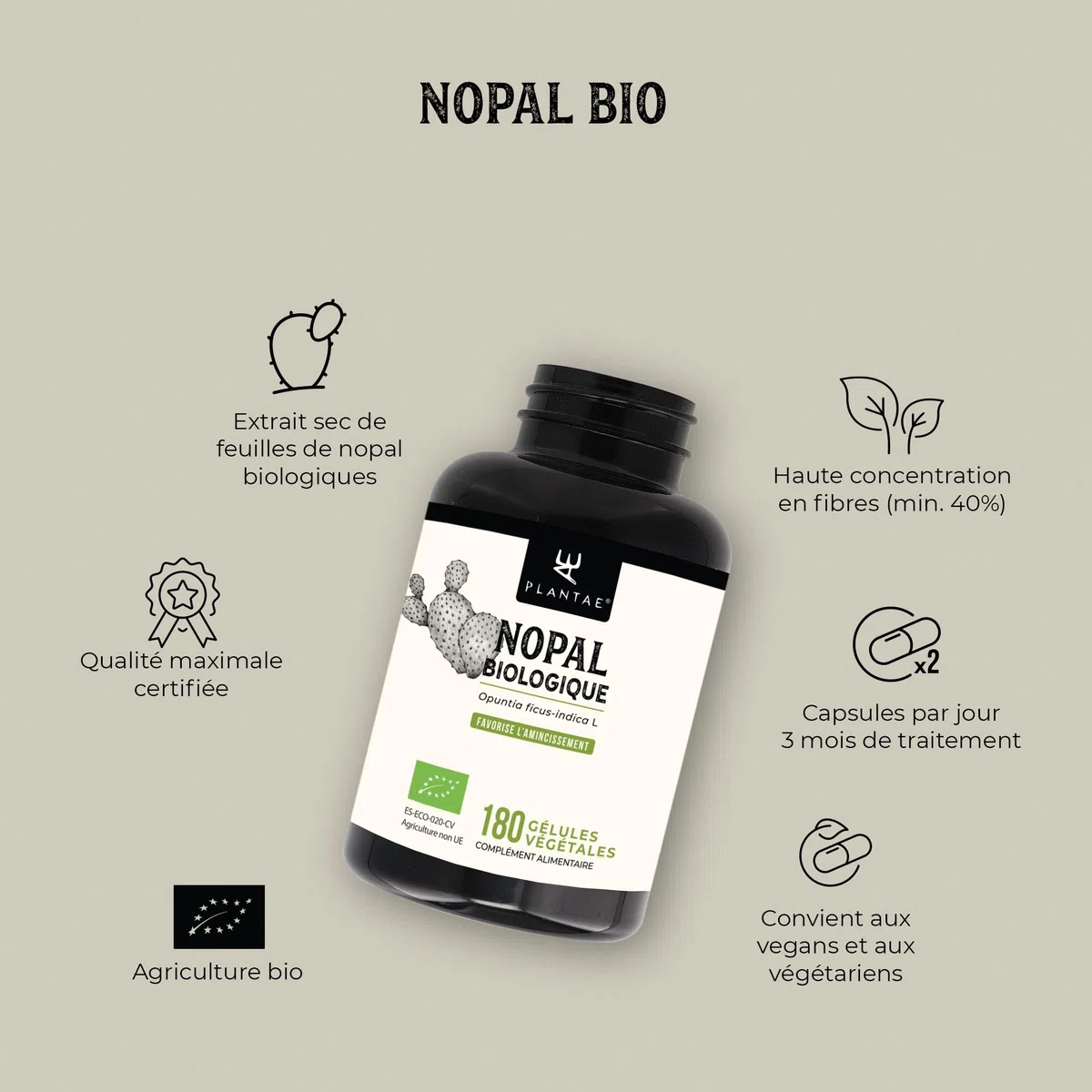 NOPAL BIOLOGIQUE * 470 mg / 180 gélules * Cardiovasculaire (glucose), Digestion, Poids (bruleur de graisse, coupe-faim, minceur)