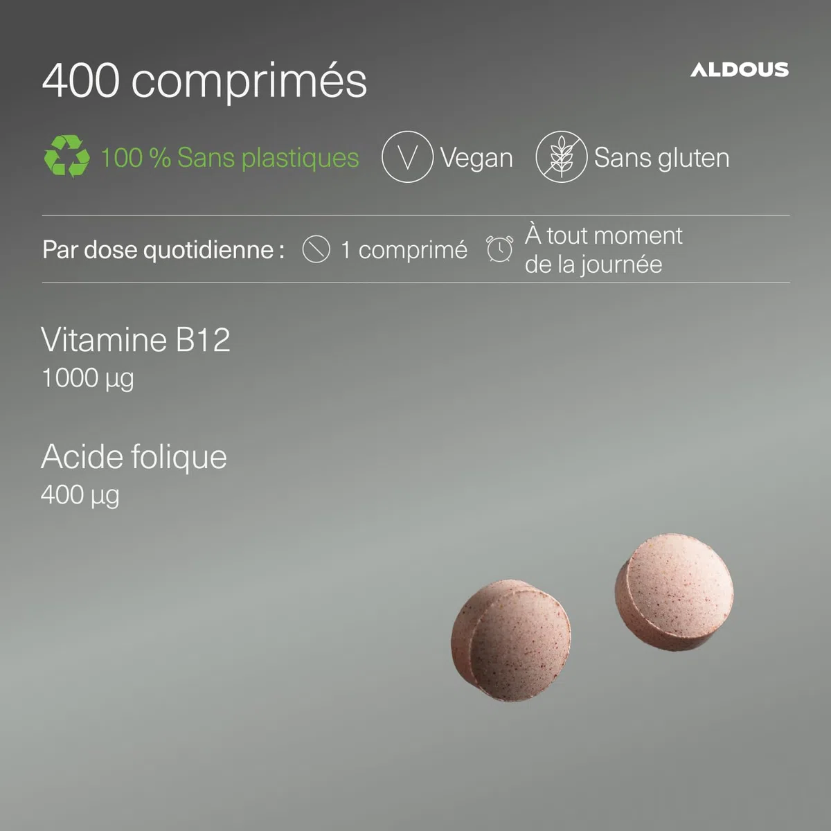 Vitamine B12 Vegan 1000mcg Haute Dose + Acide Folique - Énergie, Immunité, Fatigue, Métabolisme & Système Nerveux - 400 Comprimés B12 Méthylcobalamine Pure & Biodisponible - Vitamine Adulte - ALDOUS