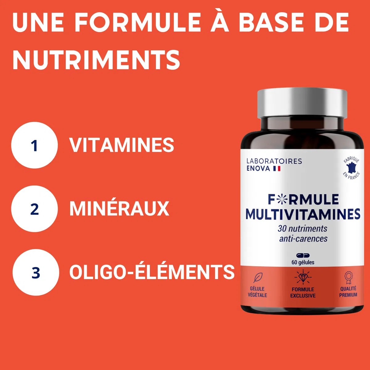 FORMULE MULTIVITAMINES et Minéraux 30 Nutriments | Vitamine A B C D E K, Quercetine, Magnesium, Zinc, Coenzyme Q10, Selenium | Complement Alimentaire | Fabriqué en France | 60 gélules