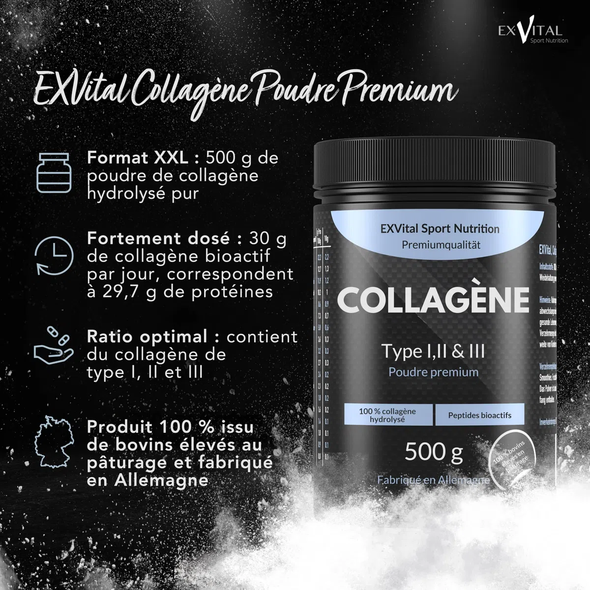 Poudre de collagène 500 grammes - Hydrolysat de collagène bioactif en peptides, poudre de protéines - Sans goût, collagène de type 1, 2 & 3 Lift Drink, hautement dosé