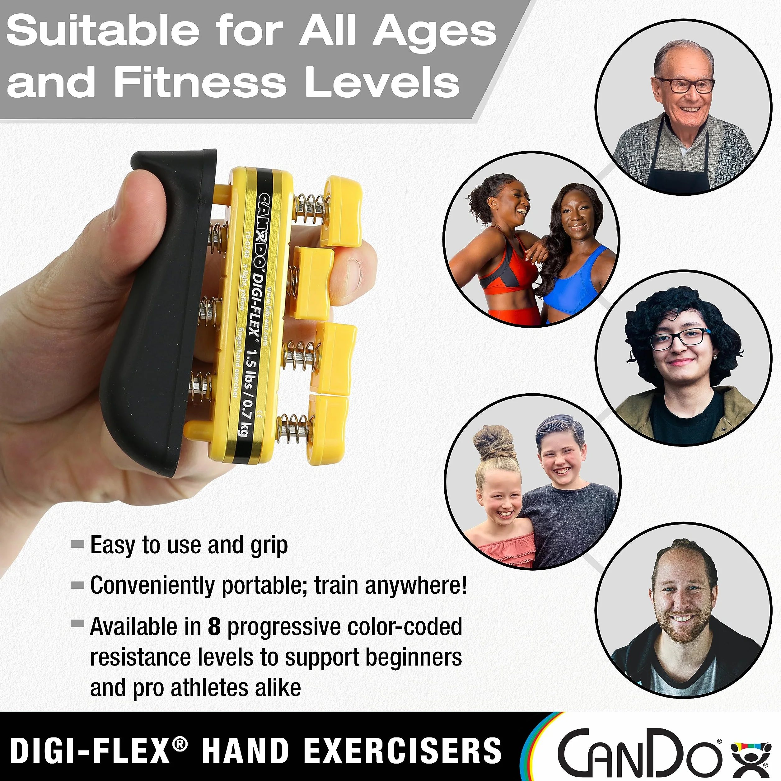 CanDo Digi-Flex Exercisateur de Main, Jaune Résistance Extra Légère, Renforcement des Doigts et de la Main, Résistance de 0,7 kg pour les Doigts / 2,3 kg pour la Main