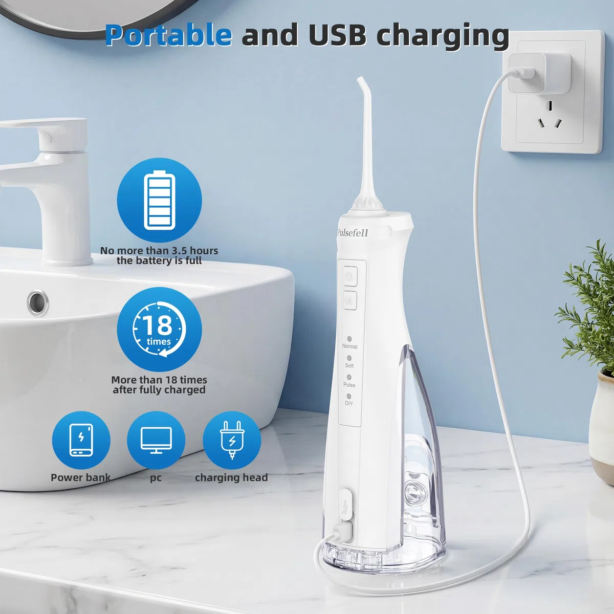 Jet Dentaire Hydropulseur Portable, 300 ML USB Rechargeable Sans Fil Hydropulseur Dentaire avec 4 Embouts et 4 Modes, étanche IPX7 Water Flosser pour Domicile et en Voyage (Blanc)