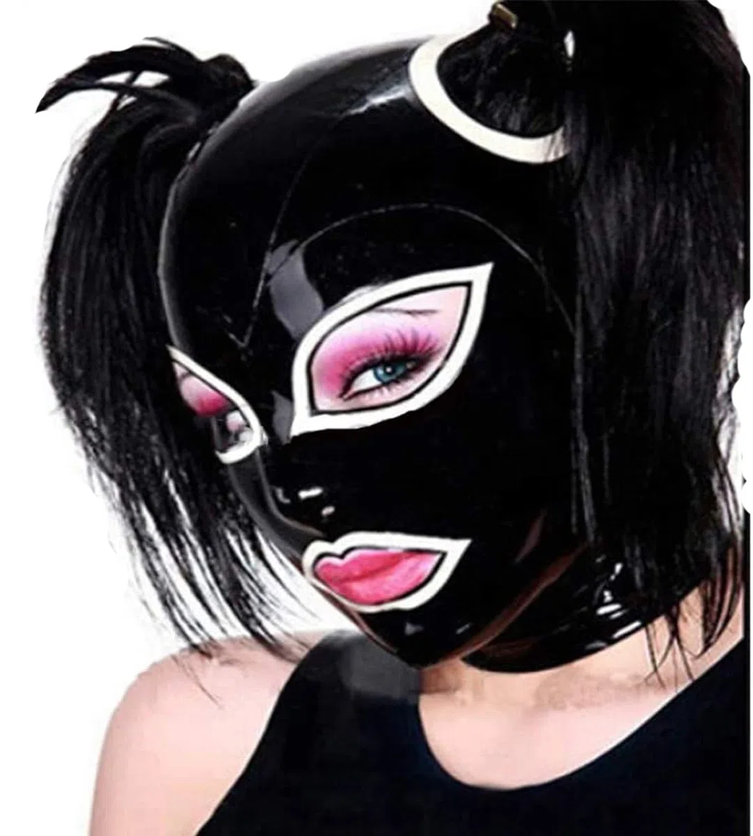 MFMYEE Cagoule en latex, masque SM bondage pour cosplay, masque de fête d'Halloween avec fermeture éclair (perruque non incluse) (M)