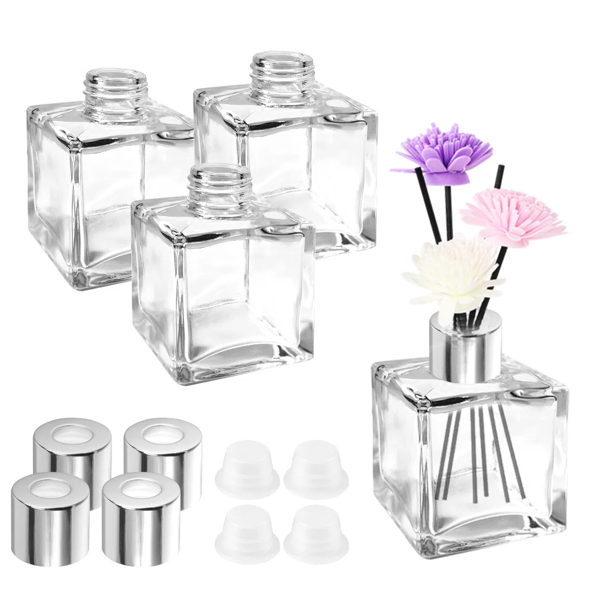 JSMTKJ Diffuseur Parfum Maison 4 Pcs Flacon Diffuseur en Verre Bouteille | Diffuseur Carré 50ml Diffuseur de Roseau pour Parfum Huile Essentielle Maison Chambre