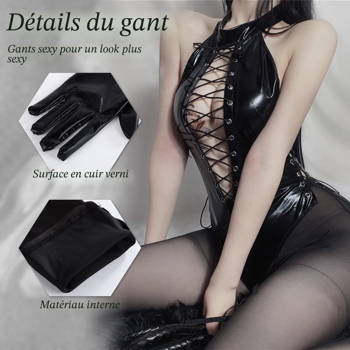 BDSMJOY Lingerie en latex pour femme - Effet mouillé - Ensemble sexy - Avec snocks en latex - Sous-vêtements et gants - Catsuit en latex - Costume sexy pour adulte - Robe de clubwear