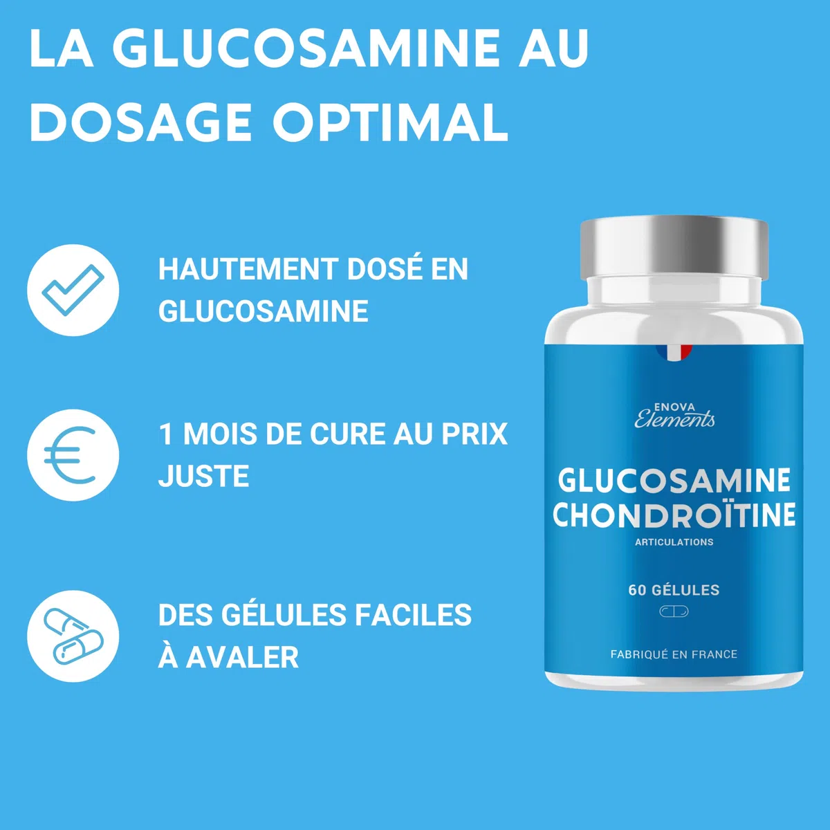 GLUCOSAMINE + CHONDROÏTINE | Articulations douloureuses, Mobilité | 60 gélules | Complement alimentaire | Fabriqué en France | Glucosamine chondroïtine