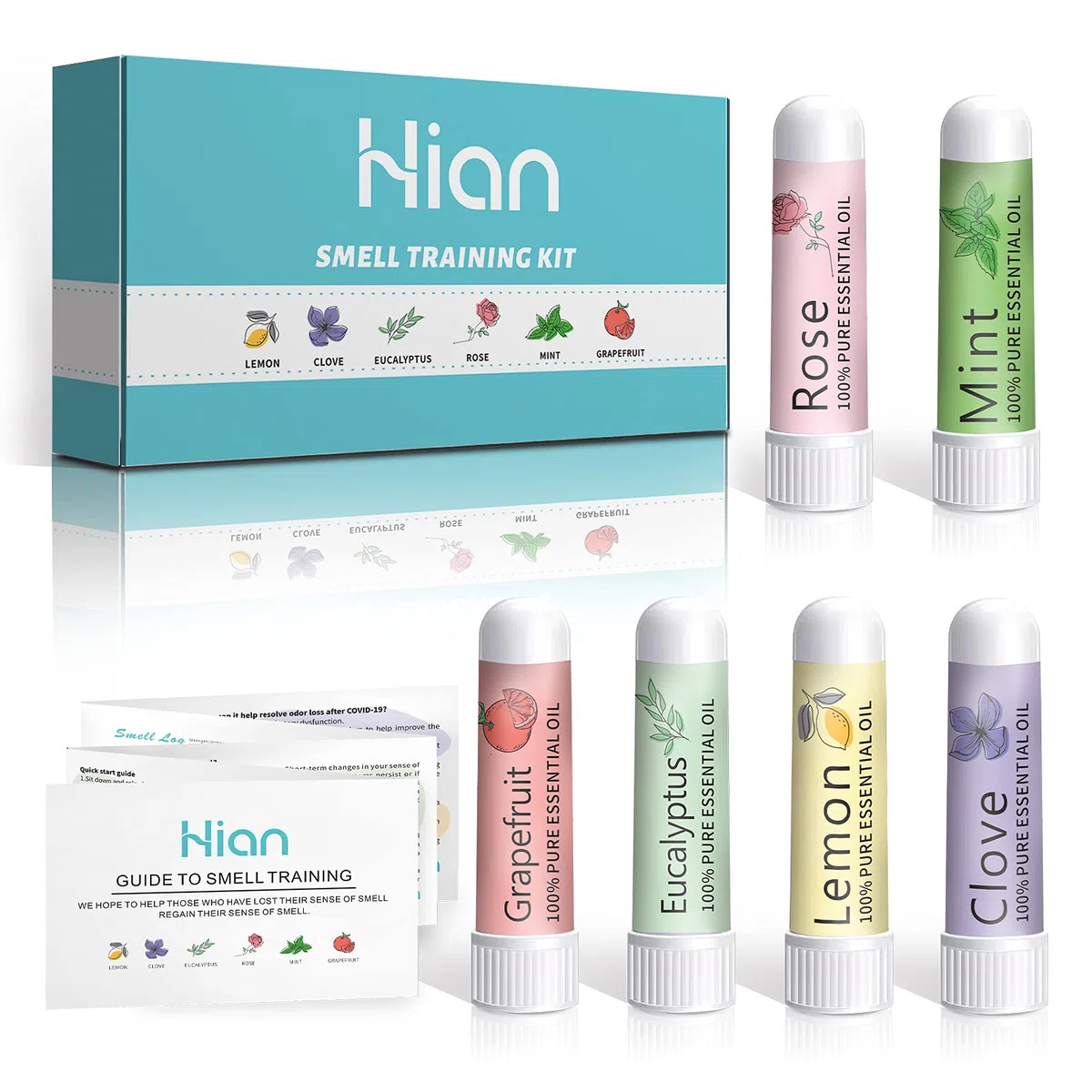 Hion Kit de Formation Smell, 6 Huiles Essentielles, kit de Formation Olfactif Aide à Retrouver Votre Sens de l'odorat, Huiles Essentielles de Citron Menthe Rose Pamplemousse Clou de Girofle