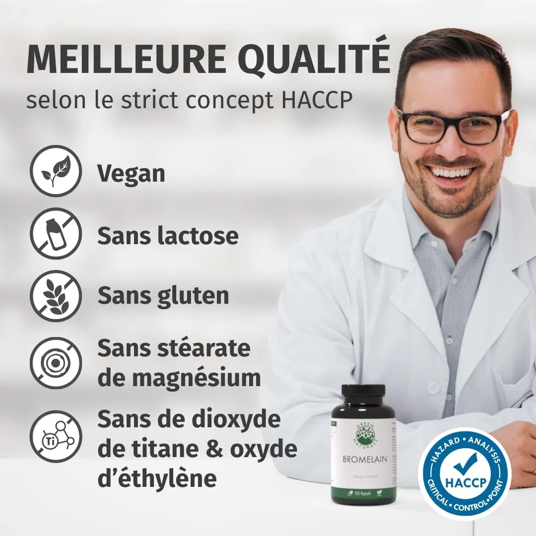 Green Naturals® Bromélaïne – Hautement dosée : 750 mg (5 000 GDU/g) d’extrait naturel d’ananas – Gélules gastro-résistantes (DR Caps) – Vegan & testée en laboratoire – 150 gélules (5 mois)