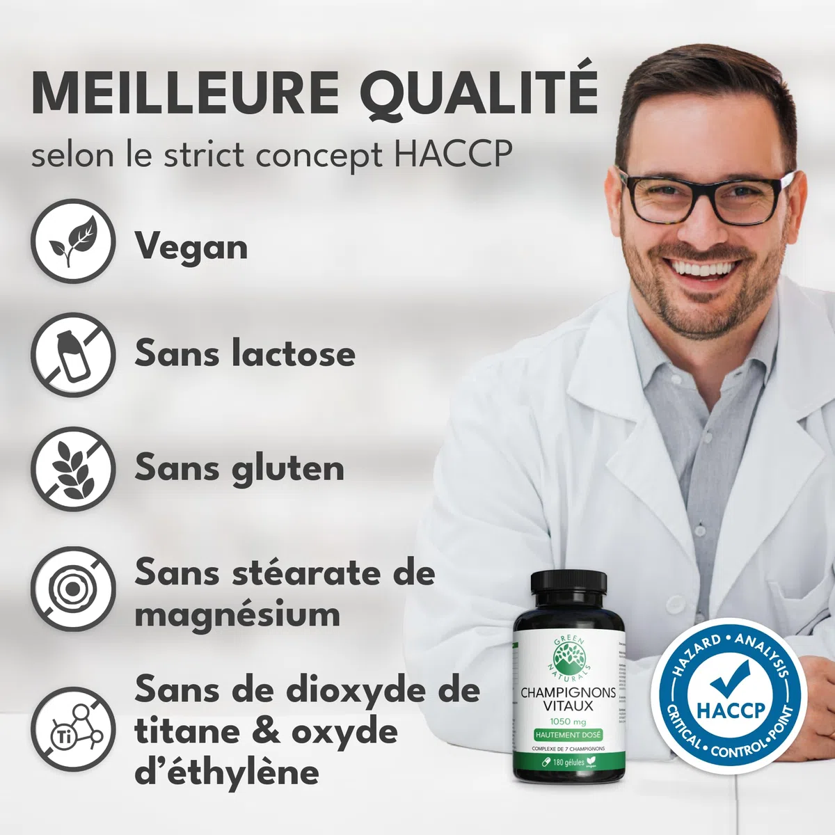 Green Naturals Complexe 7 Champignons 1 050 mg – 180 gélules | Reishi, Cordyceps, Shiitake, Maitake, Hericium, Agaricus, Chaga · Vegan · 3 mois