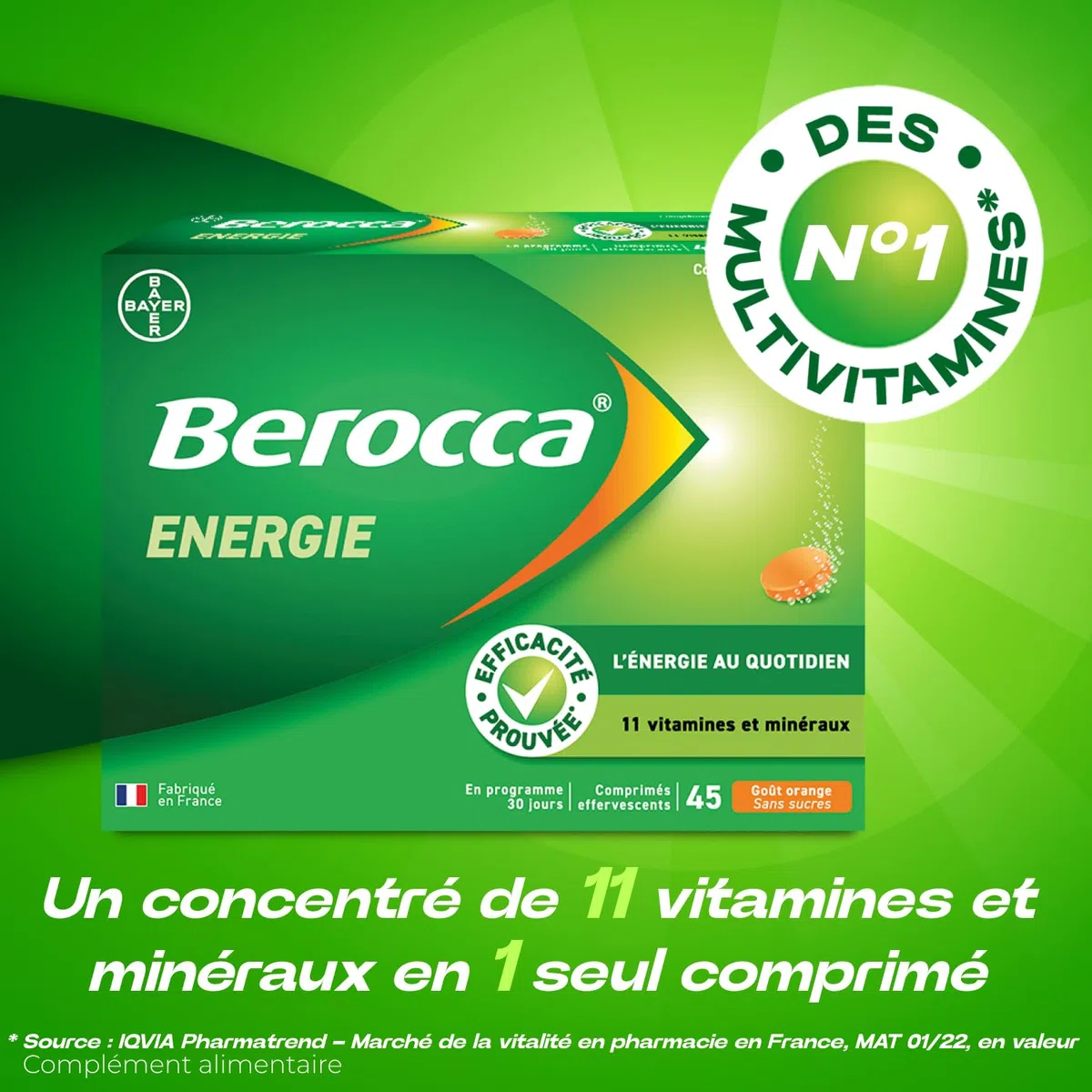 Berocca Energie Orange - Multivitamines et Minéraux - Vitamine C, B3, B5, B1, B12, Calcium, Magnésium et Zinc - Complément alimentaire - Aide à réduire la fatigue - 2x45 comprimés effervescents