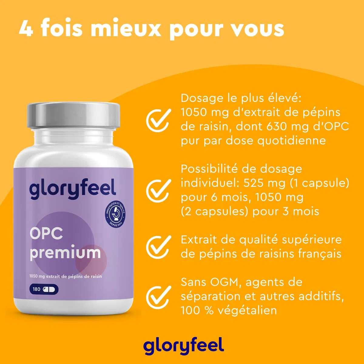 OPC Extrait de Pépin de Raisin Français 1050mg, Teneur HPLC Très Élevée, 630 mg d'OPC Pur Par Jour, 180 Capsules, 100% Naturel, Végétalien, Qualité Premium, Testé en Laboratoire