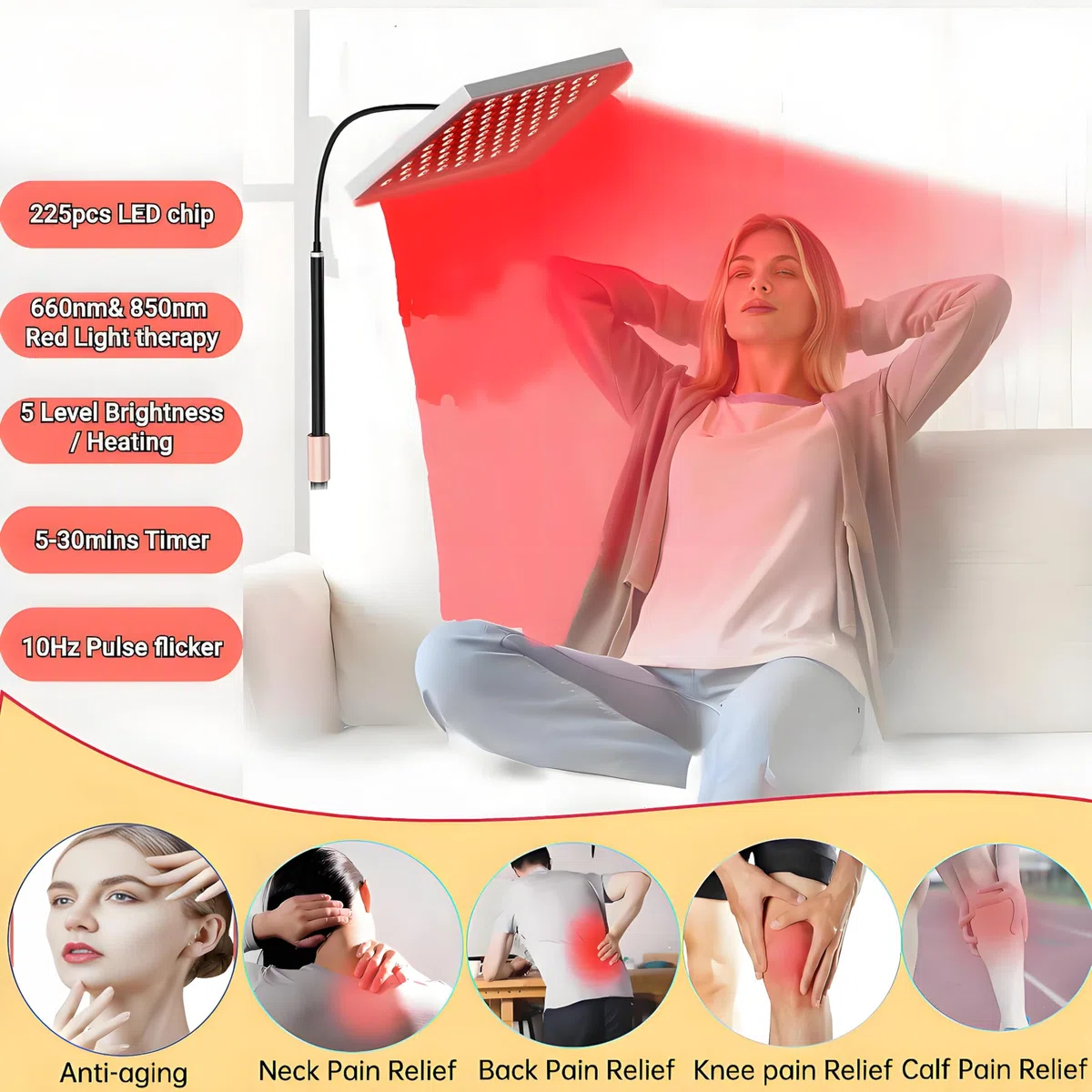 Lampe de luminothérapie rouge à 225 LED,660nm et 850nm,appareil de luminothérapie proche infrarouge pour tout le corps,le visage,le cou,le dos,les épaules,la taille et les genoux,soulageant la douleur