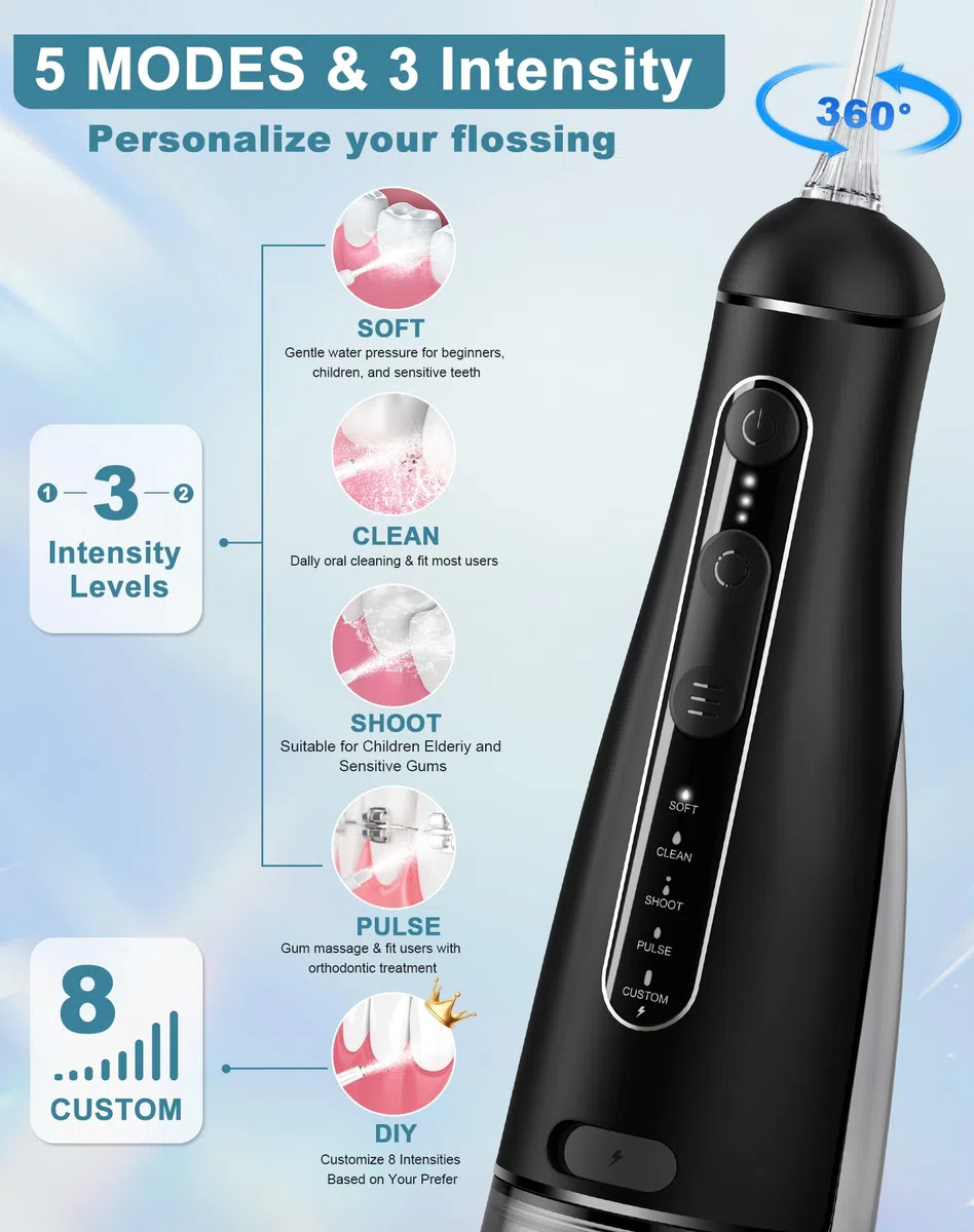Jet Dentaire Hydropulseur Portable, Hydropulseurs et Irrigateurs 5 Modes 20 Niveaux & 3 Intensités, Réservoir 300ml à Fond Détachable, Irrigateur Sans Fil IPX7, Sans BPA, Silencieux