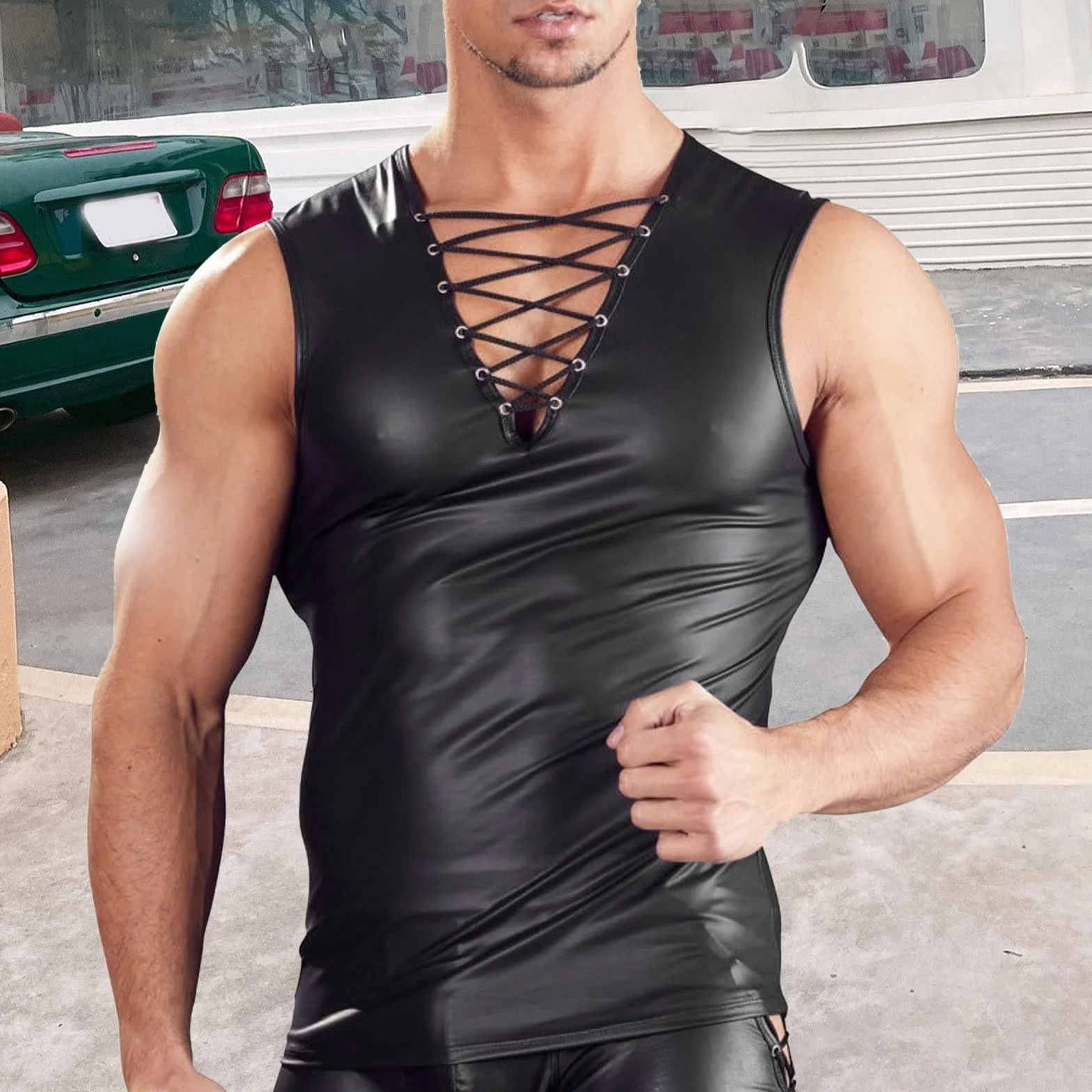 Latex Similaire Swinger-Club Kinkywear Débardeur Slim Fit Wetlook Top Maillot de corps en cuir verni Manches courtes Tenue Kinky Chemise en maille Chemise en maille Clubwear Techno Tenue pour hommes
