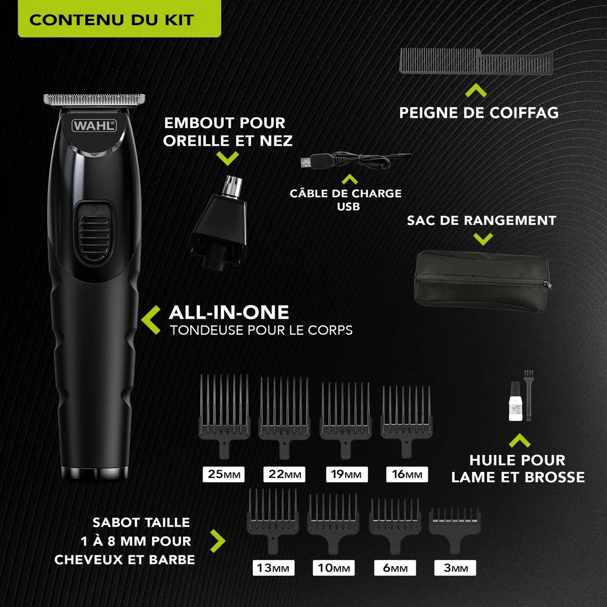 WAHL All in One Trimmer, cheveux, barbe, oreilles, nez et corps, batterie lithium puissante, têtes lavables et large tête en T, longueur de coupe de 0,5 mm à 25 mm, 210 minutes d'autonomie