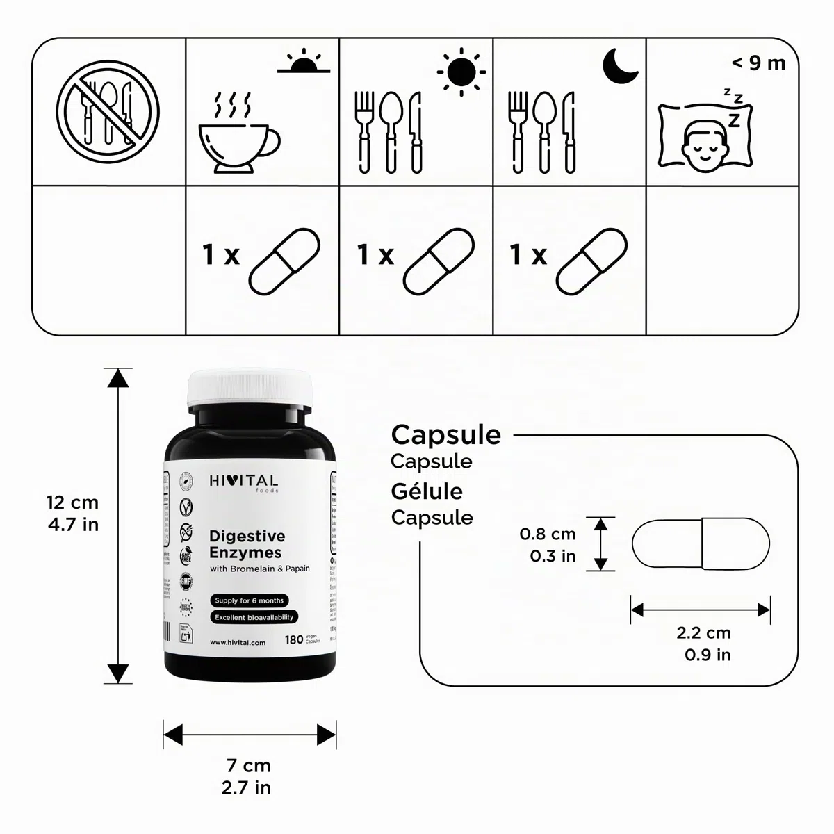 Enzymes Digestives. 180 gélules végétaliennes pour 6 mois de traitement. Amylase, Protéase, Lactase, Lipase, Cellulase, Bromélaïne et Papaïne. Fabriqué en Europe par HIVITAL